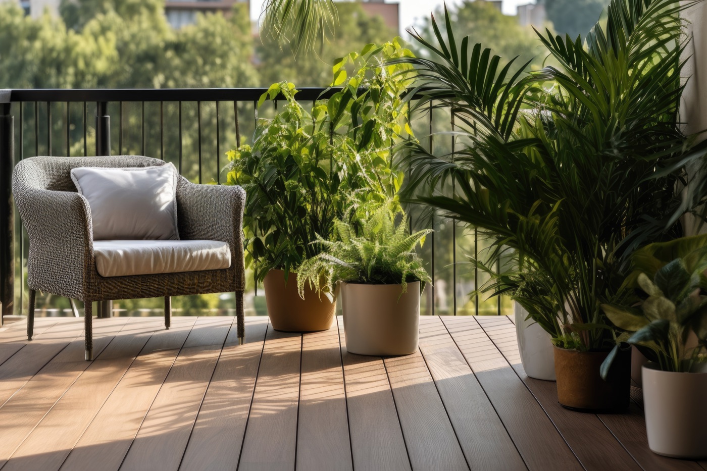 Outdoor deck surrounded by greenery