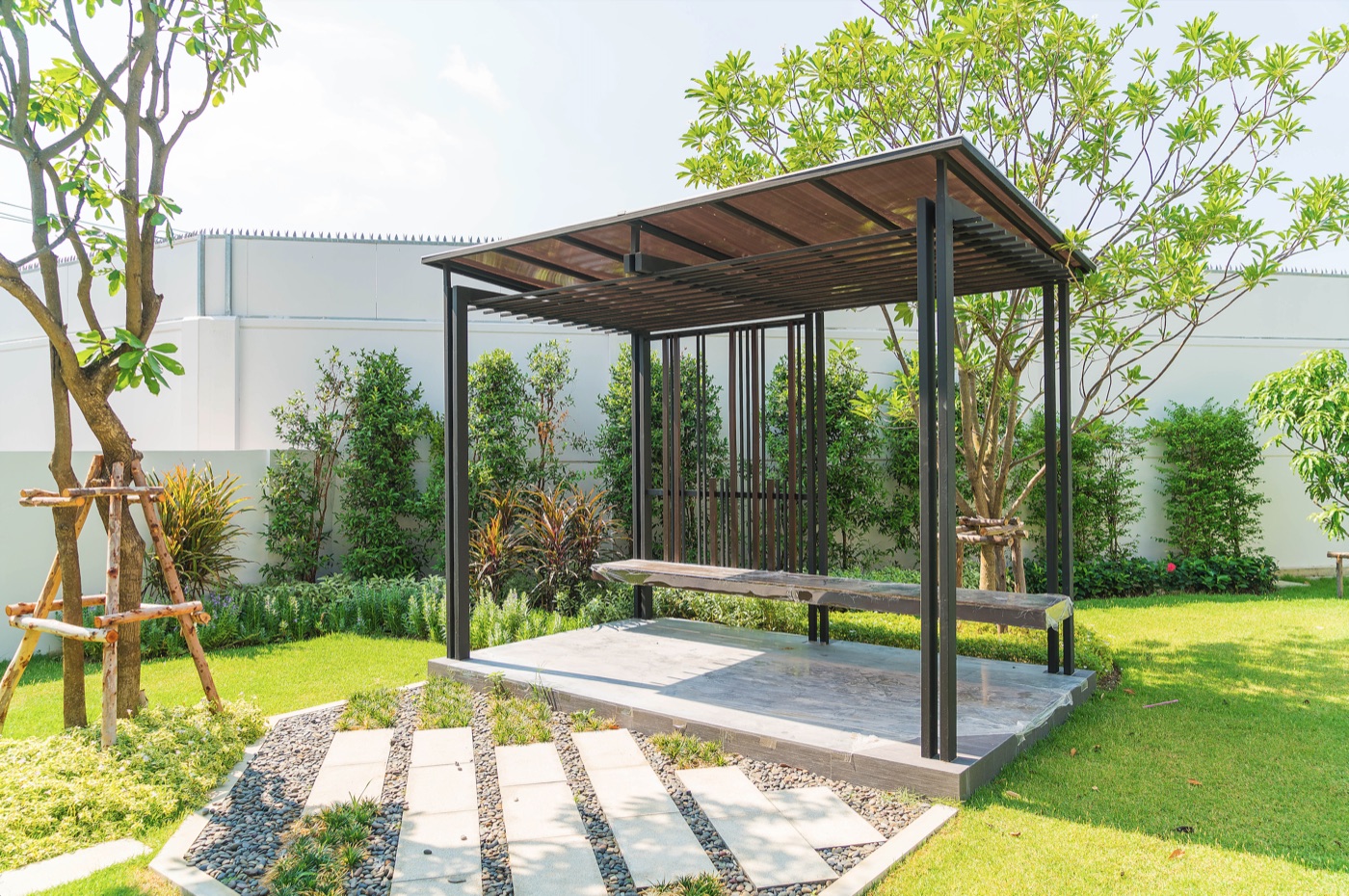 Landscaped garden with outdoor structure